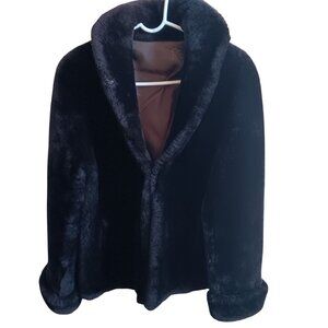 Vintage Black Mouton Fur Coat Shawl Collar 1950's Shearling Womens Small Med